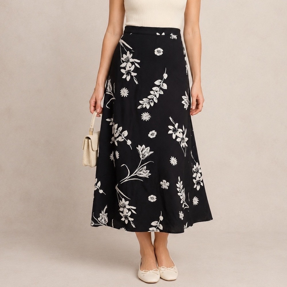 Laura Ashley Vintage Black Cream Floral Viscose Maxi Skirt Size 10
